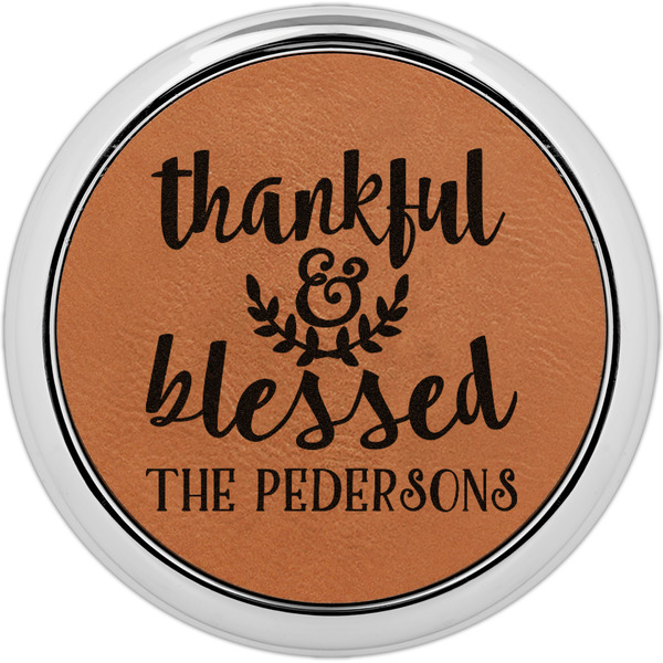 Custom Thankful & Blessed Leatherette Round Coaster w/ Silver Edge (Personalized)