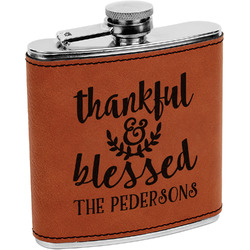Thankful & Blessed Leatherette Wrapped Stainless Steel Flask (Personalized)