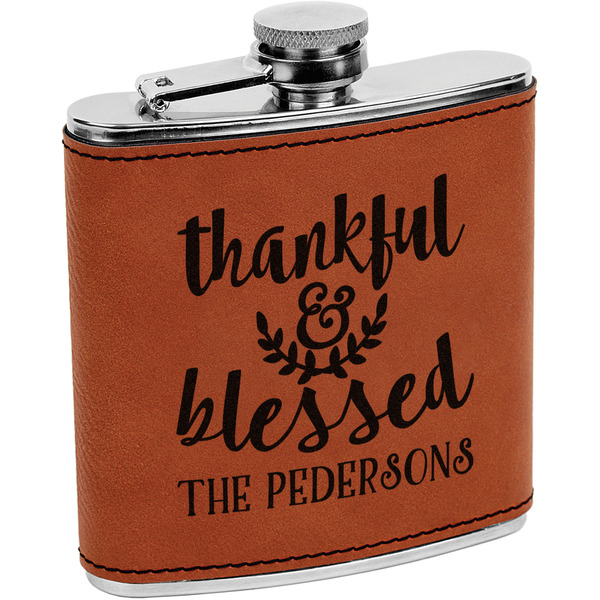 Custom Thankful & Blessed Leatherette Wrapped Stainless Steel Flask (Personalized)