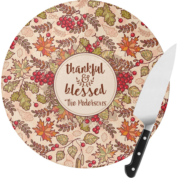Custom Thankful & Blessed Round Glass Cutting Board - Medium (Personalized)