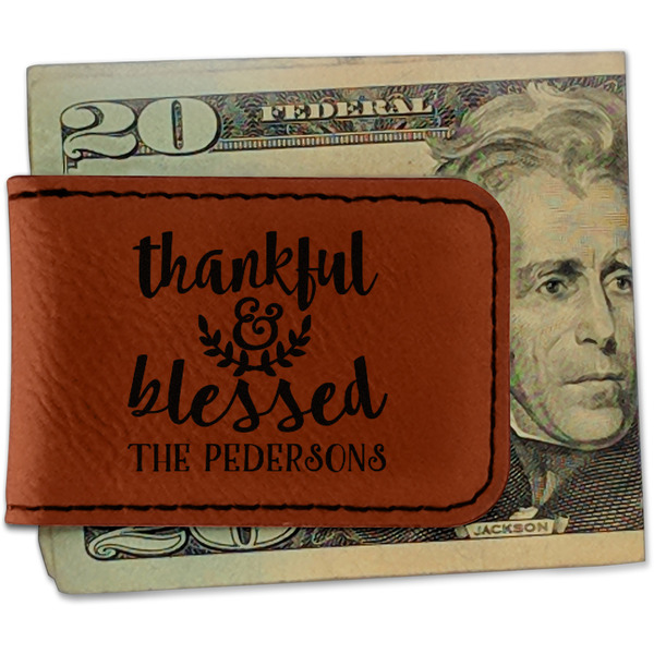 Custom Thankful & Blessed Leatherette Magnetic Money Clip (Personalized)
