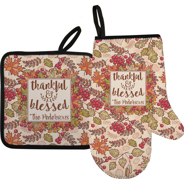 Custom Thankful & Blessed Right Oven Mitt & Pot Holder Set w/ Name or Text