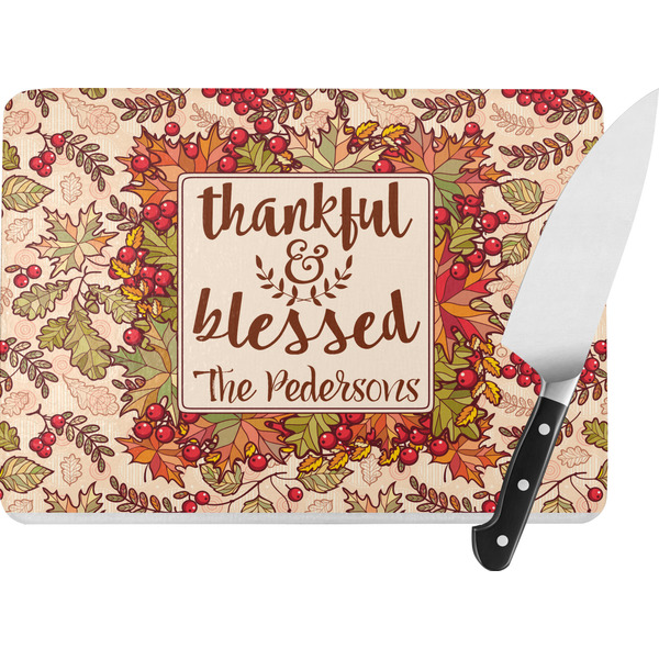 Custom Thankful & Blessed Rectangular Glass Cutting Board - Large - 15.25"x11.25" w/ Name or Text