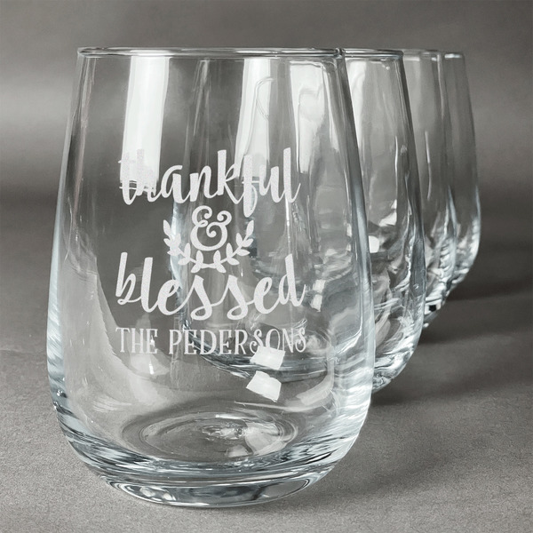 Custom Thankful & Blessed Stemless Wine Glasses (Set of 4) (Personalized)