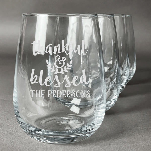 Custom Thankful & Blessed Stemless Wine Glasses (Set of 4) (Personalized)