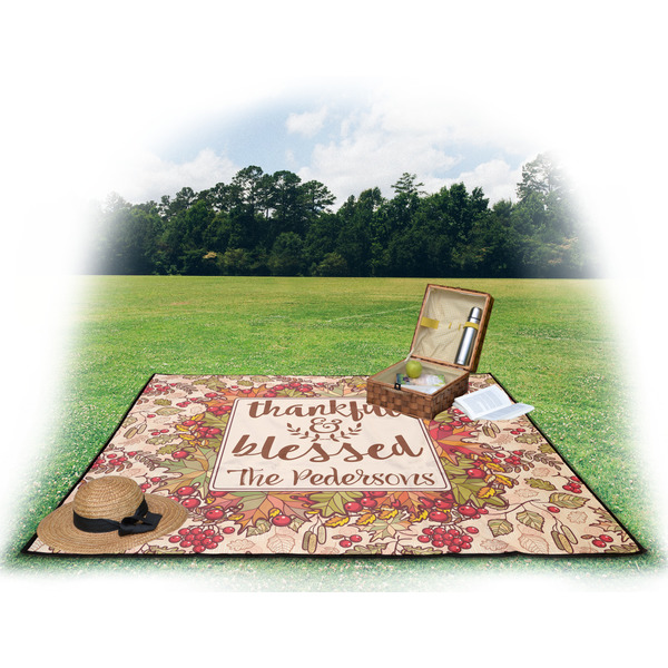 Thanksgiving Quotes and Sayings Picnic Blanket - with Basket Hat and Book - in Use