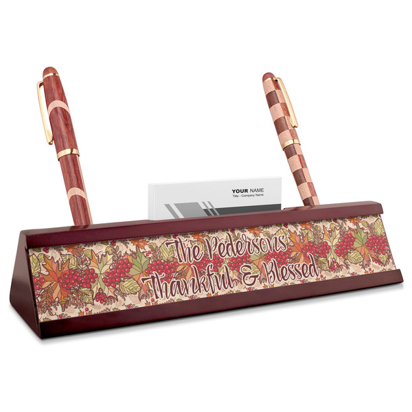 Custom Thankful & Blessed Red Mahogany Nameplate with Business Card Holder (Personalized)