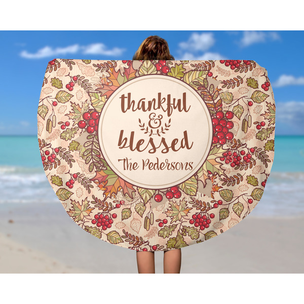 Thanksgiving Quotes and Sayings Round Beach Towel - In Use