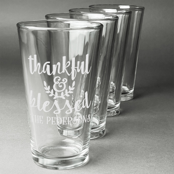 Custom Thankful & Blessed Pint Glasses - Engraved (Set of 4) (Personalized)