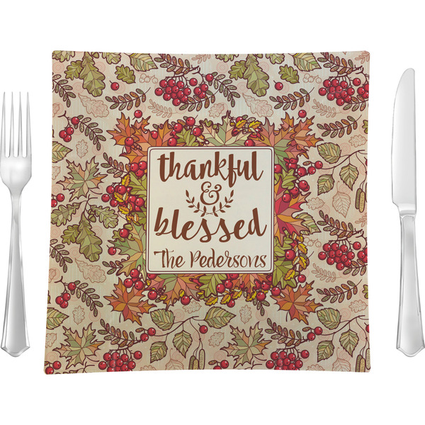 Custom Thankful & Blessed 9.5" Glass Square Lunch / Dinner Plate- Single or Set of 4 (Personalized)