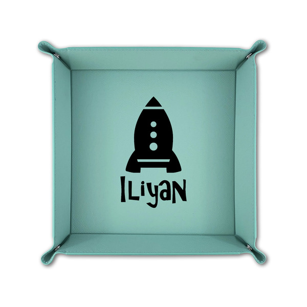 Space Explorer 6" x 6" Teal Leatherette Snap Up Tray - FOLDED UP