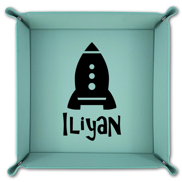 Space Explorer 9" x 9" Teal Leatherette Snap Up Tray - FOLDED