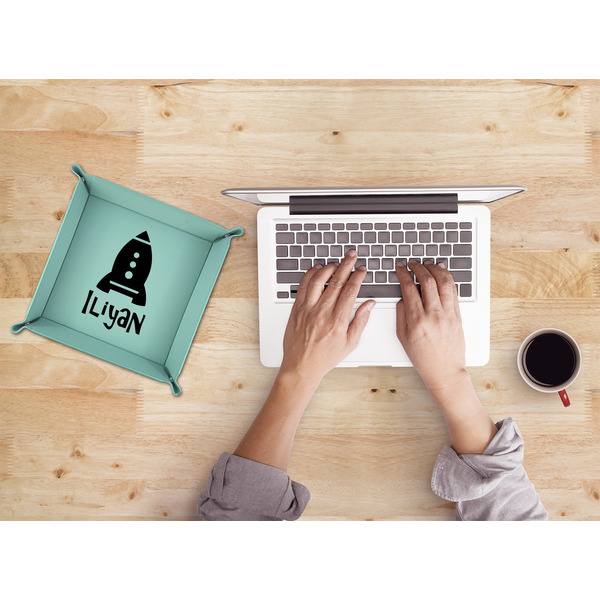 Space Explorer 9" x 9" Teal Leatherette Snap Up Tray - LIFESTYLE