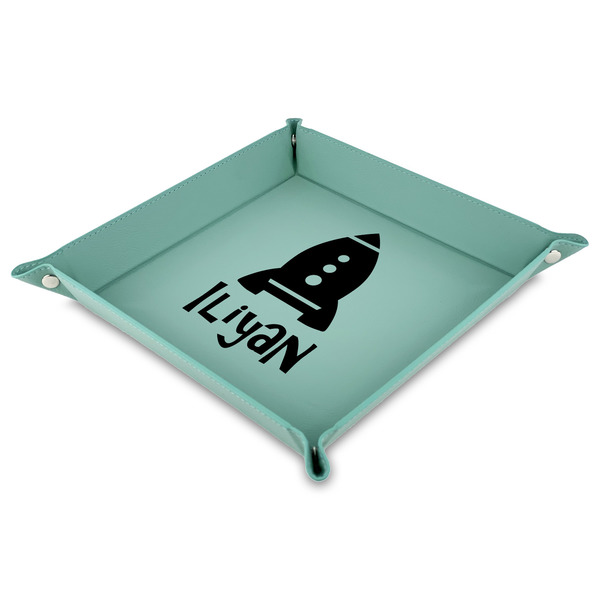 Custom Space Explorer 9" x 9" Teal Faux Leather Valet Tray (Personalized)