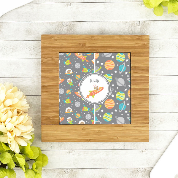 Space Explorer Bamboo Trivet with 6" Tile - LIFESTYLE