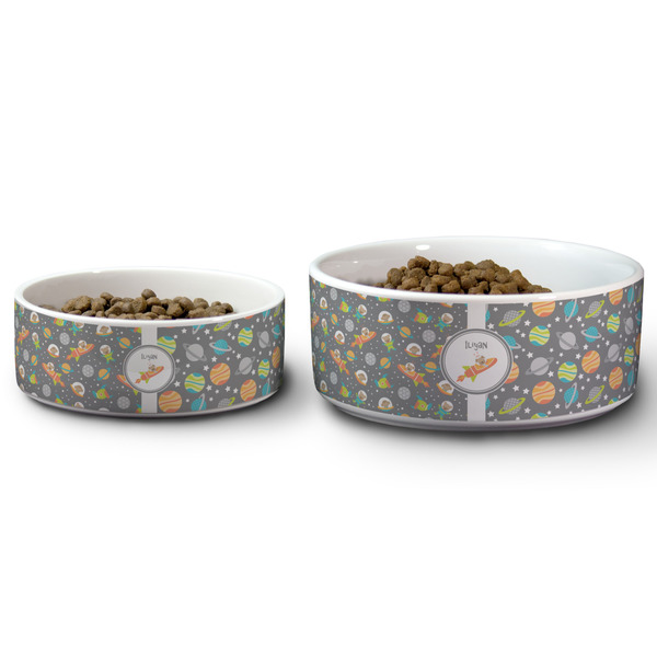 Space Explorer Ceramic Dog Bowls - Size Comparison