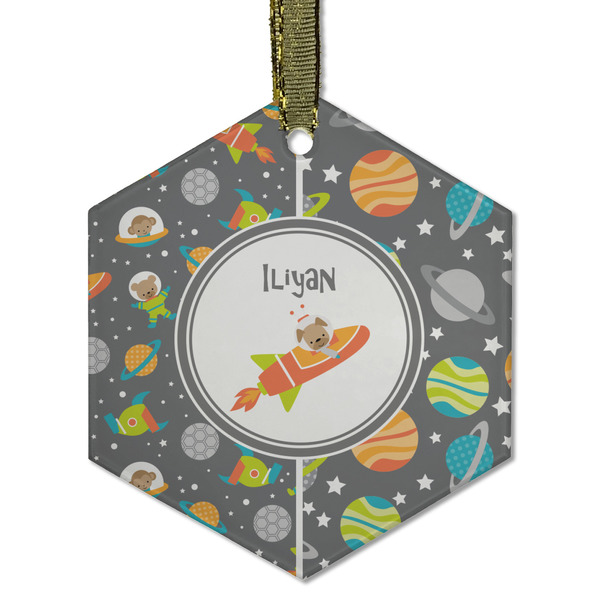 Custom Space Explorer Flat Glass Ornament - Hexagon w/ Name or Text