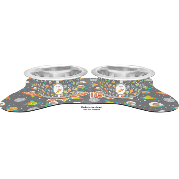 Space Explorer Metal Pet Bowls - On Dog Bone Shaped Mat