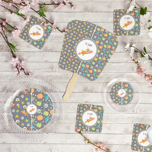 Space Explorer Party Supplies Combination Image - All items - Plates, Coasters, Fans