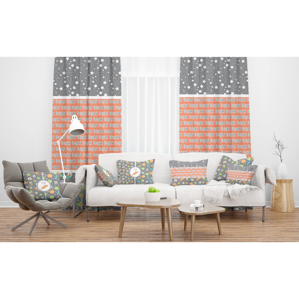 Space Explorer Sheer and Custom Curtains in Room with Matching Pillows