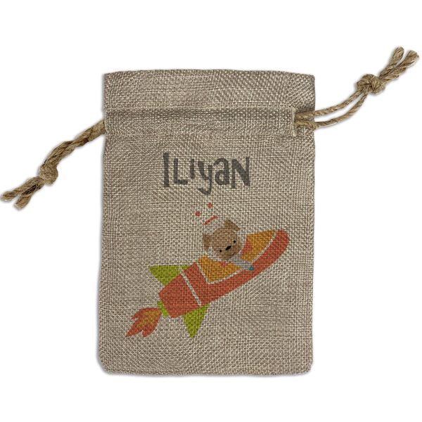 Custom Space Explorer Small Burlap Gift Bag - Front (Personalized)