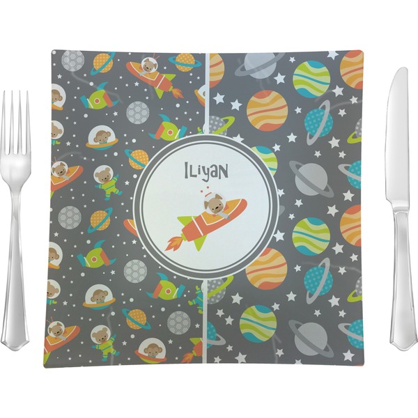 Custom Space Explorer 9.5" Glass Square Lunch / Dinner Plate- Single or Set of 4 (Personalized)