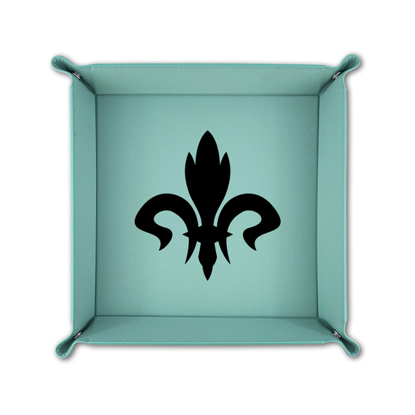 Fleur De Lis 6" x 6" Teal Leatherette Snap Up Tray - FOLDED UP