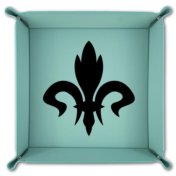 Fleur De Lis 9" x 9" Teal Leatherette Snap Up Tray - FOLDED