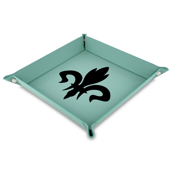 Custom Fleur De Lis Faux Leather Dice Tray - 9" x 9"  - Teal