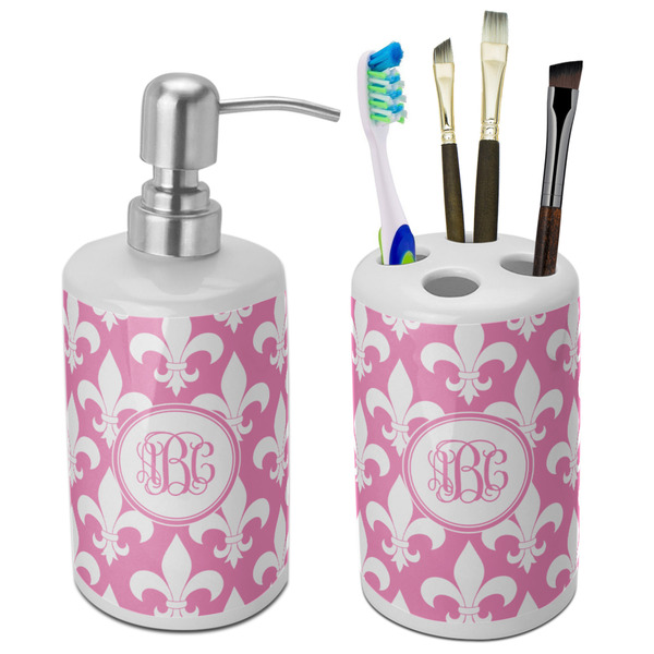 Custom Fleur De Lis Ceramic Bathroom Accessories Set (Personalized)