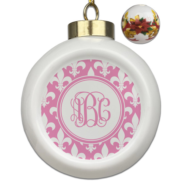 Custom Fleur De Lis Ceramic Ball Ornaments - Poinsettia Garland (Personalized)