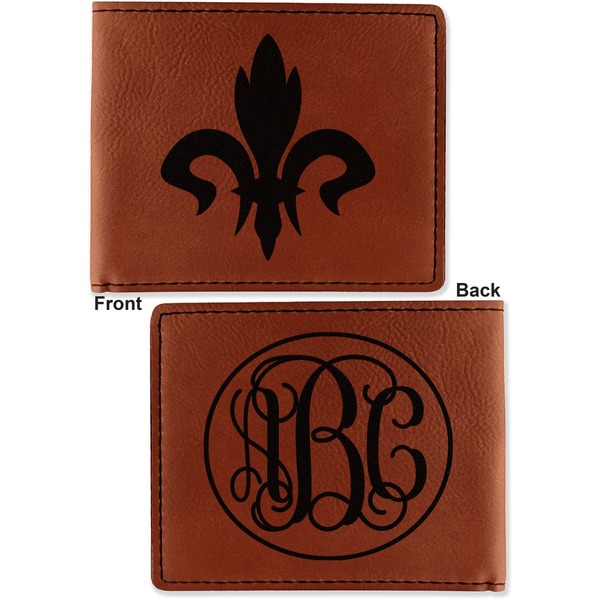 Fleur De Lis Cognac Leatherette Bifold Wallets - Front and Back