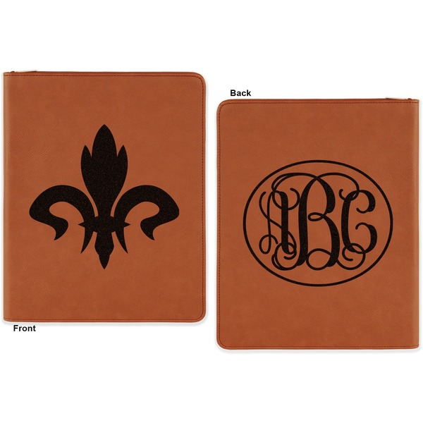 Fleur De Lis Cognac Leatherette Zipper Portfolios with Notepad - Double Sided - Apvl
