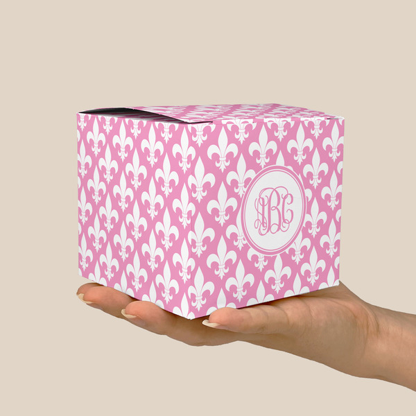 Fleur De Lis Cube Favor Gift Box - On Hand - Scale View