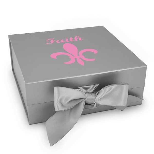Custom Fleur De Lis Gift Box with Magnetic Lid - Silver (Personalized)