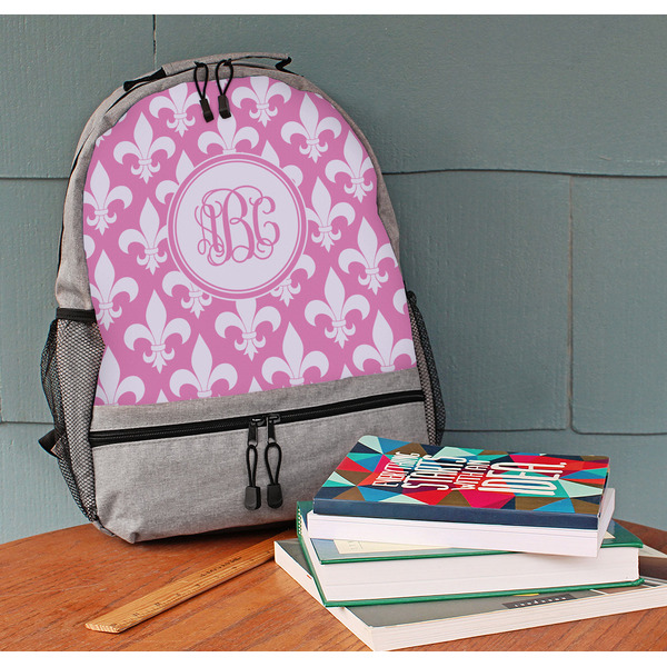 Fleur De Lis Large Backpack - Gray - On Desk