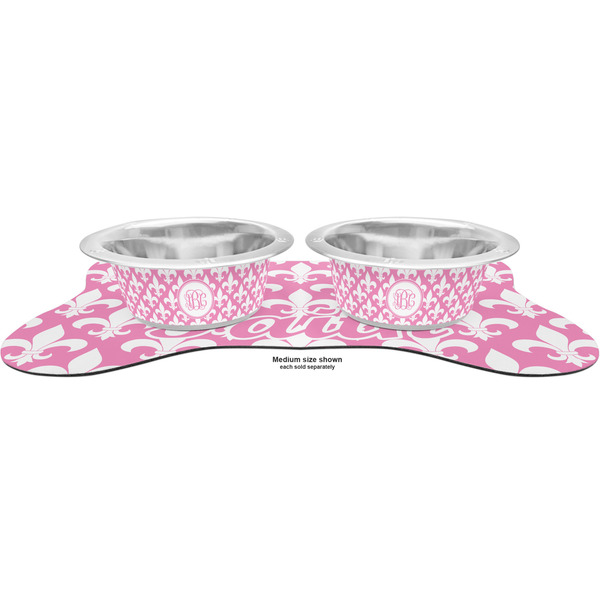 Fleur De Lis Metal Pet Bowls - On Dog Bone Shaped Mat