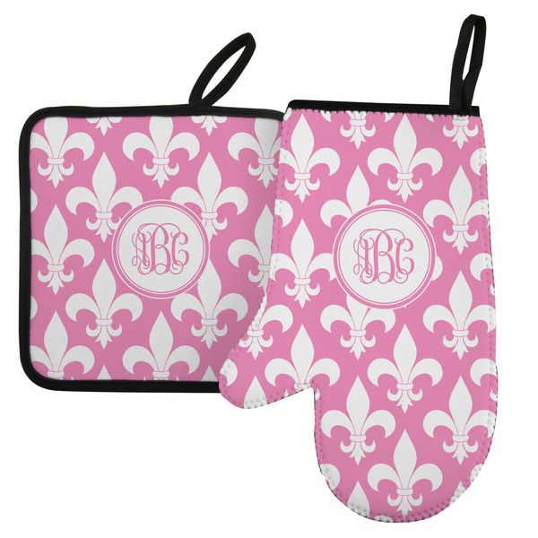 Custom Fleur De Lis Left Oven Mitt & Pot Holder Set w/ Monogram