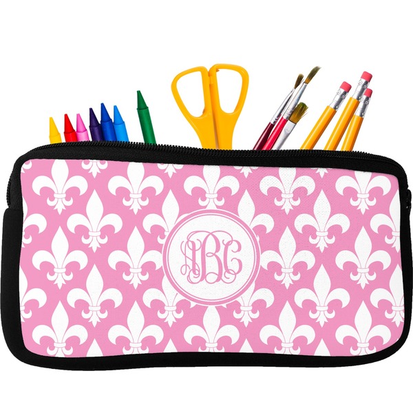 Custom Fleur De Lis Neoprene Pencil Case - Small w/ Monogram