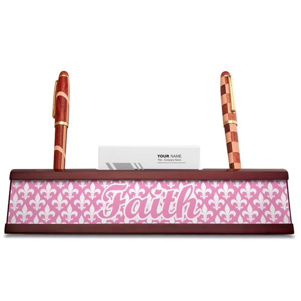 Fleur De Lis Red Mahogany Nameplates with Business Card Holder - Straight