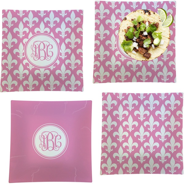Custom Fleur De Lis Set of 4 Glass Square Lunch / Dinner Plate 9.5" (Personalized)