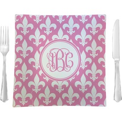 Fleur De Lis 9.5" Glass Square Lunch / Dinner Plate- Single or Set of 4 (Personalized)