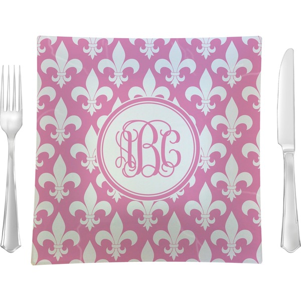 Custom Fleur De Lis 9.5" Glass Square Lunch / Dinner Plate- Single or Set of 4 (Personalized)