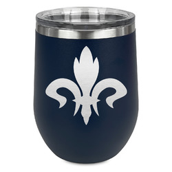 Fleur De Lis Stemless Stainless Steel Wine Tumbler - Navy - Double Sided (Personalized)