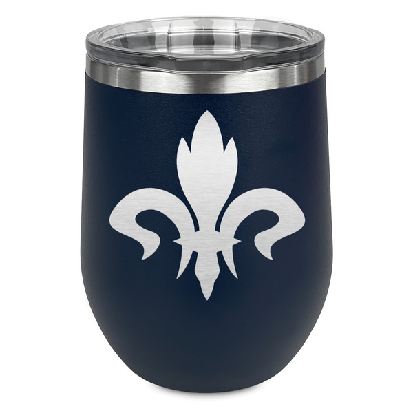 Custom Fleur De Lis Stemless Stainless Steel Wine Tumbler - Navy - Double Sided (Personalized)