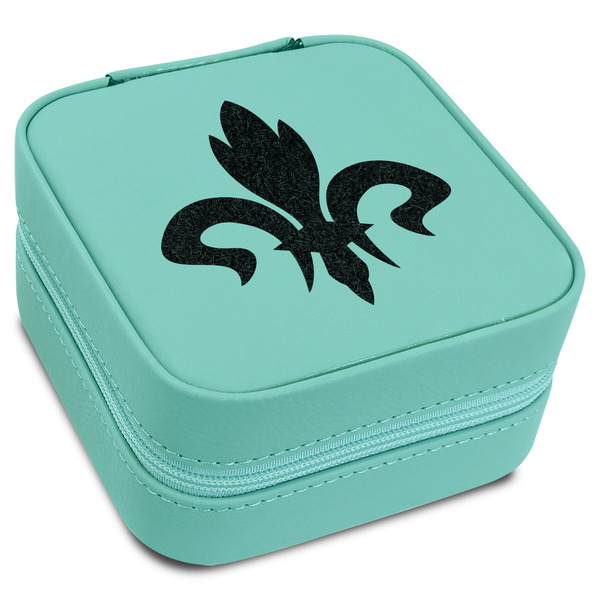Custom Fleur De Lis Travel Jewelry Box - Teal Leather