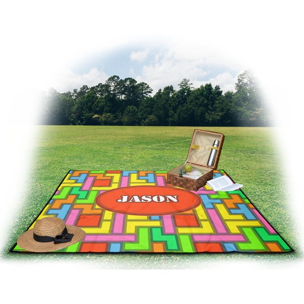 Tetromino Picnic Blanket - with Basket Hat and Book - in Use