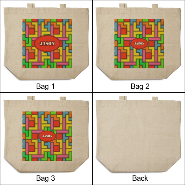 Tetromino 3 Reusable Cotton Grocery Bags - Front & Back View
