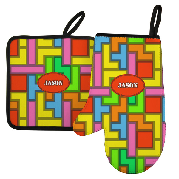 Custom Tetromino Left Oven Mitt & Pot Holder Set w/ Name or Text