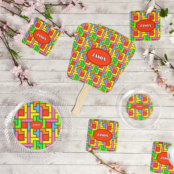 Tetromino Party Supplies Combination Image - All items - Plates, Coasters, Fans